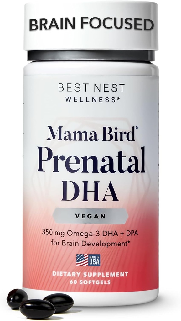 Nejlepší Nest Wellness Mama Bird Vegan Prenatal DHA - Dodatek pro podporu mozku a očí pro dítě - Vegan Prenatal Dodatek s Řasy DHA - Nutriční dodatek pro mámu - 60 Softgels