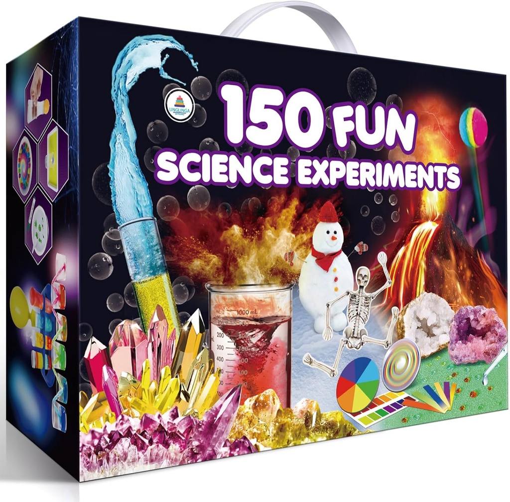 UNGLINGA 150 Experiments Science Kits for Kids Boys Girls, S.T.E.M Kit Toys dárky Narozeniny Vánoce, Chemie Break Geodes, Volcano, Fyzika Vzdělávací aktivity Projekt