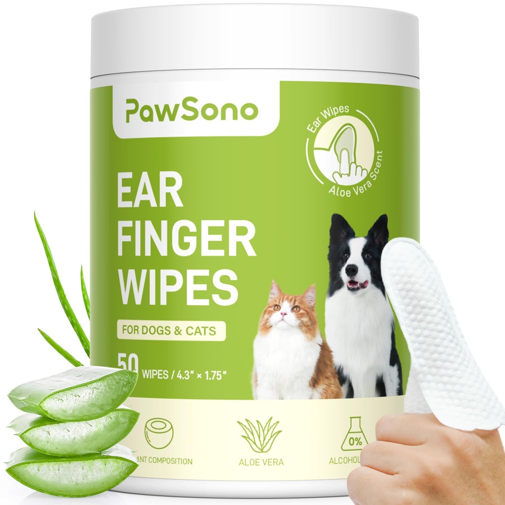 Ušní prst Wipes for Dogs & Cats, Silnější pes Čistič Ušní Wipes, Přírodní útěcha Cat Čistič Ušní pes, Pet Health Supplies for Dog Small Animal Cat, Aloe Scent Deodorising - 50 Počet