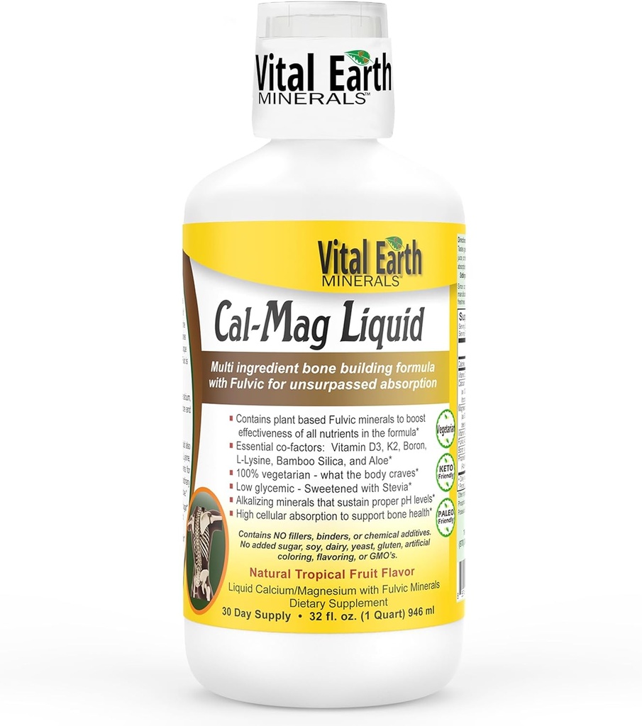 Vital Earth Minerály Cal- Mag Liquid - doplněk hořčíku vápníku s vitamínem D3, K2, Boron, a Fulvic kyselina pro rychlejší absorpci, 32 Oz + 1 Oz Cup