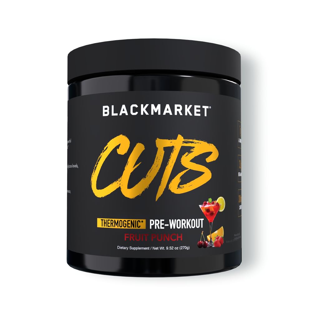 BLACKMARKT CUTS Pre Workout - Termogenní energie a focus prášek pro muže a ženy, metabolismus tuku, definování svalů, tvorba zdarma, 30 Služení (ovocný punč)