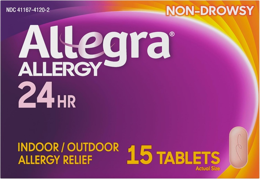 Allegra Adult 24HR Non- Drowsy Antihistamin, 15 tablet, Fast- acting Alergics Symptoms Relief, 180 mg