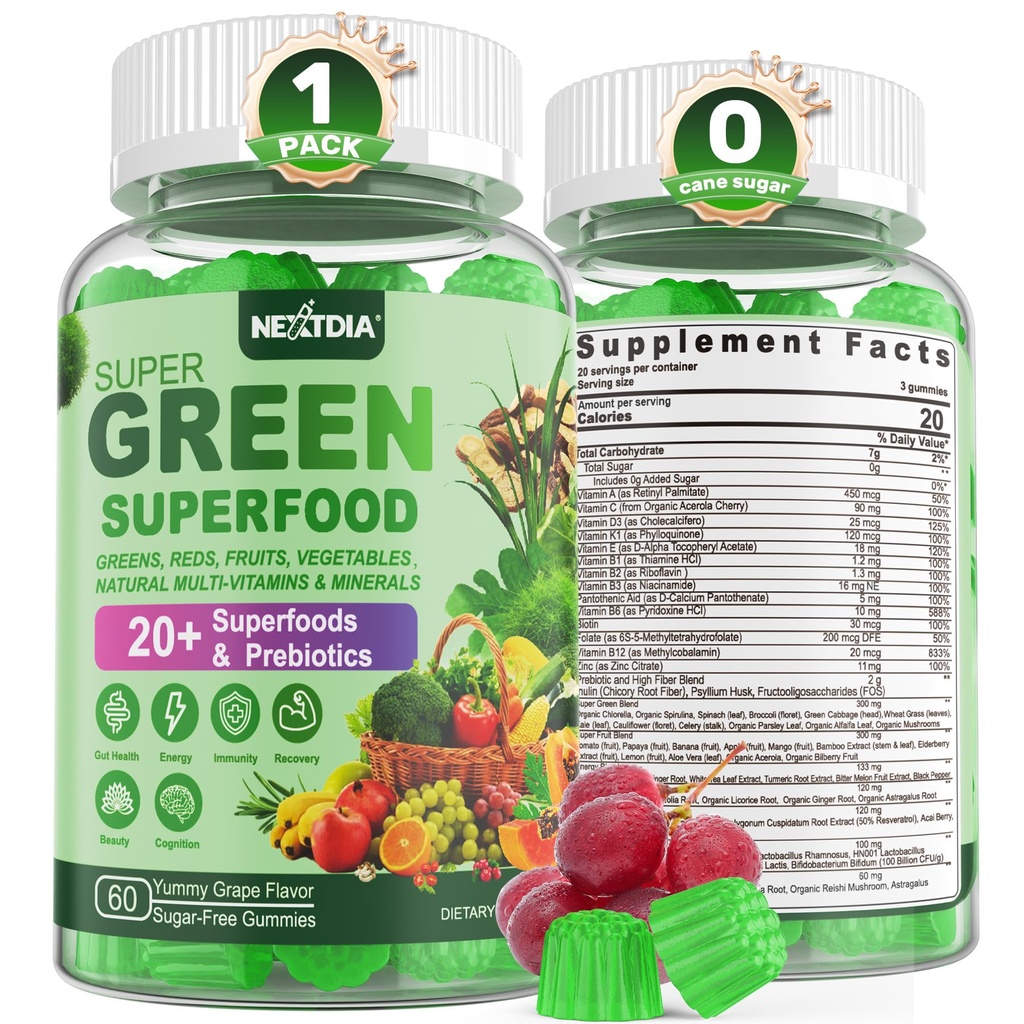 Super zelené žvýkačky, Zelené Superfood Powder Alternative w / Spirulina, Chlorella, Prebiotic Fiber, Probiotický, Ovocný Veggie, Denní Zelenina Zelenina pro stravovací & Gut zdraví, Imunita, Focus, 60 Cts