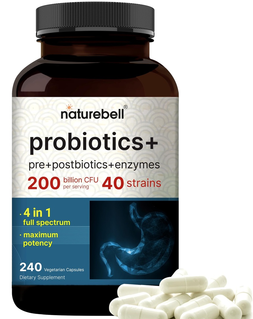 Probiotická 200 miliard CFU - 40 Strains Per Serving CF124; 240 Veggie Kapsle s Prebiotika a Probiotika pro stravitelné zdraví - Gut Health & Bloating Support CF124; Denní Probiotika pro ženy a muže