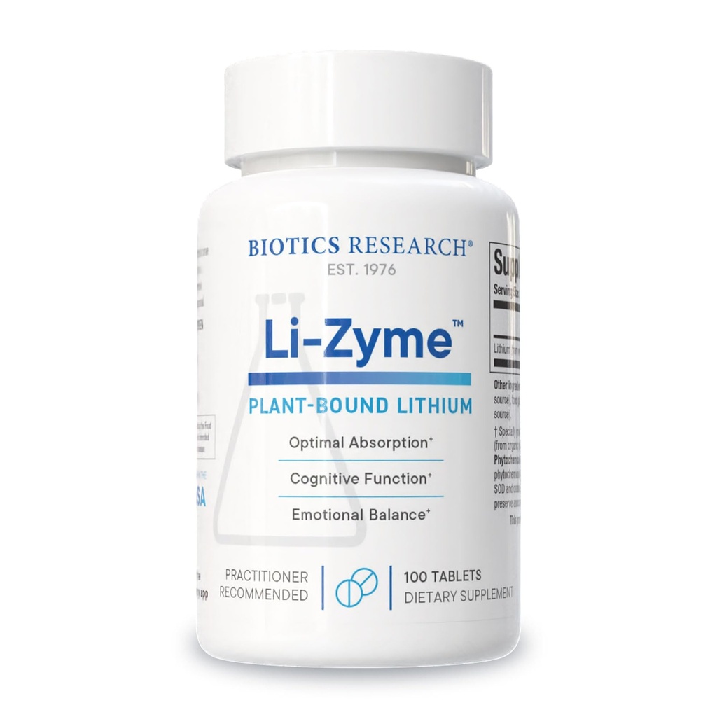 Biotics Research Li Zyme 50 mikrogramů, Lithium jako celé jídlo, fytochemicky vázané lithium, vysoce biologicky dostupné, podporuje funkci mozku, paměť a nálady, 100 tablet