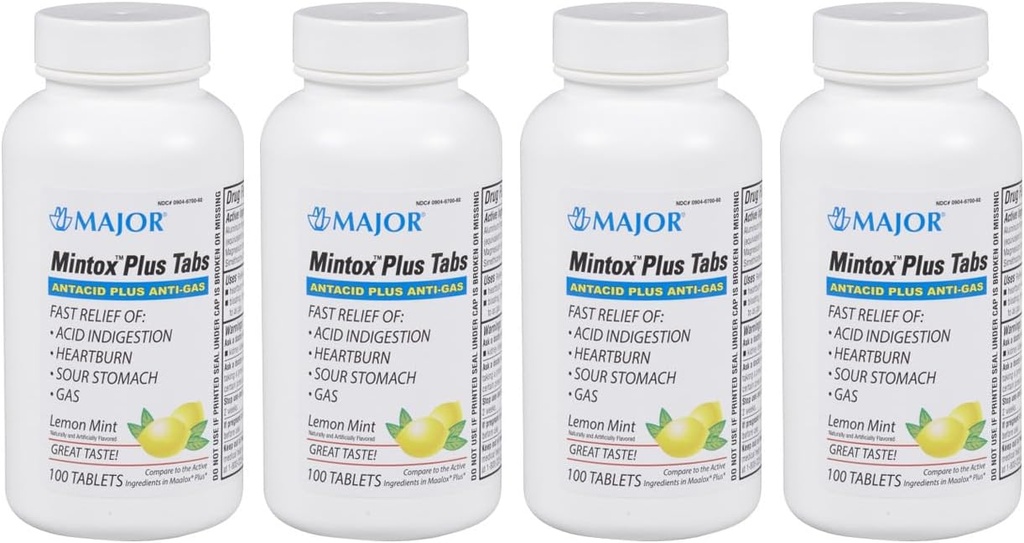 MAJOR Mintox Plus Tabs - Antacid Plus Anti- plynové tablety - Pomáhá rychle zmírnit kyselé požití, Heartburn, Sur Žaludek, a plyn - Citronová máta ochucená - 100 Počet (4 balení)