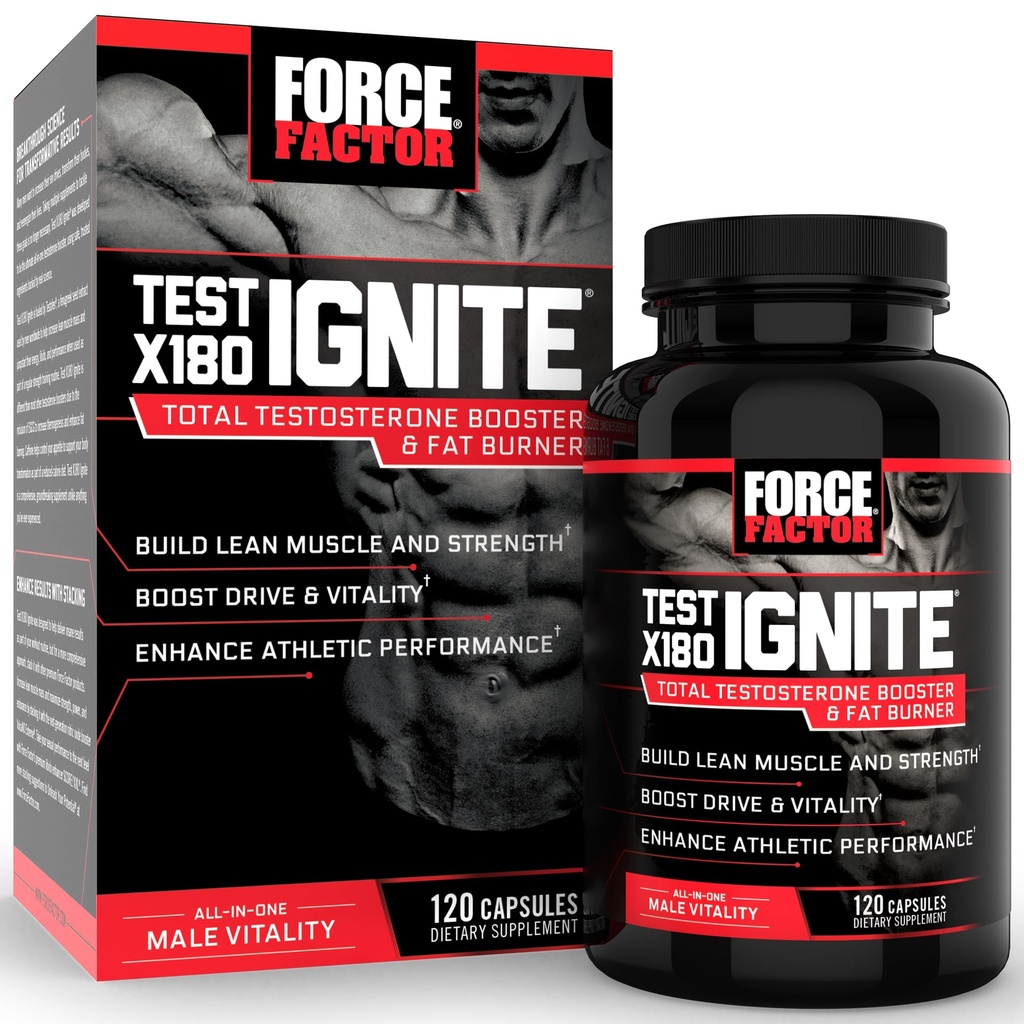 Force faktor test X180 Ignite Total Testosteron Booster pro muže s Fenugreek Seed a zelený čaj Extract stavět svalové, zvýšení energie, a zlepšit výkon, 120 Počet