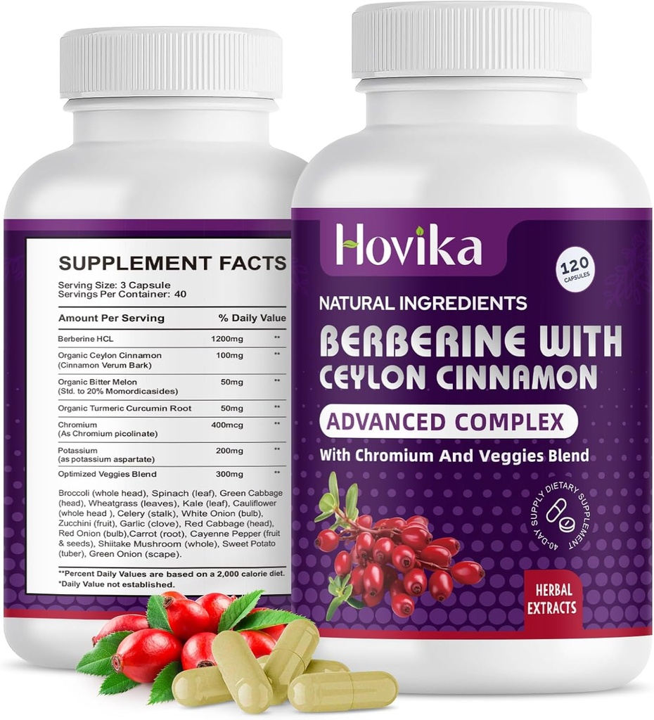 Berberine HCL Kapsle 1200 mg - Dodatek Berberine s Ceylon Skořice, Chrom, Veggies Blend - Podporuje metabolismus a imunitní systém, Gut Health - 120 ct Snadno spolknout Veganské pilulky