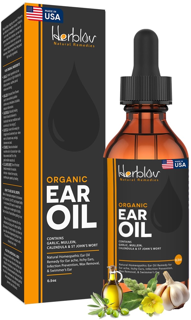 Organický ušní olej pro ušní infekce - Přírodní Earddrops for Infection Prevention, Plavec 's Uar & Wax Removal - Děti, Dospělí, Baby, Pes Earche Remedy - s Mullein, Česnek, Calendula, Made in USA