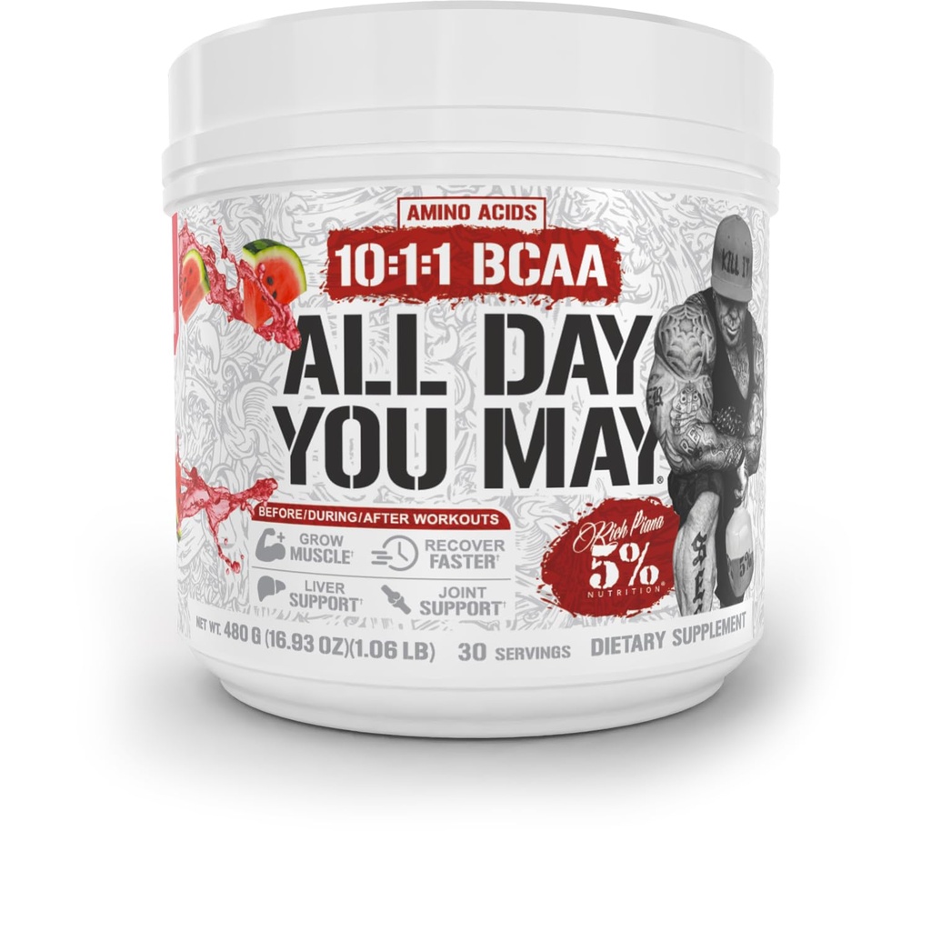 5% Nutrition Rich Piana AllDayYouMay BCAA Powder 124; Premium Intra & Post Workout Amino Acids, EAA, Electrolytes AII124; Hydration, Endurance, Recovery 124; Vegan & Keto AII124; 16.9 oz, 30 Srvgs (Meloun vodní)