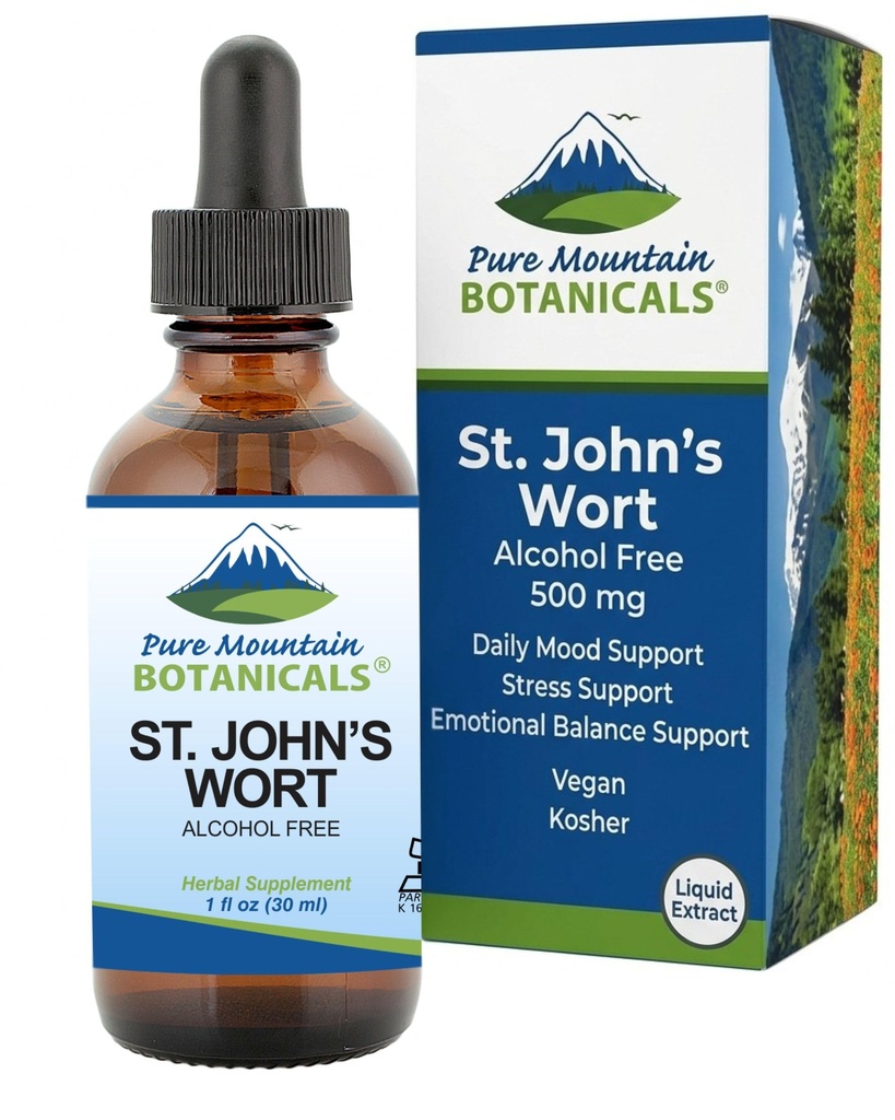 Čisté horské botaniky St Johns Wort tinktura - Kosher Liquid St John 's Wort Alcohol- Free Extract 500mg Vegan Dodatek