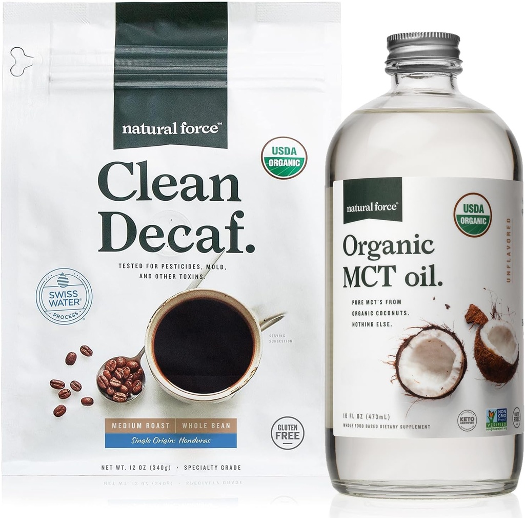 Natural Force Organic Clean Decaf Coffee + Organic MCT Oil Bundle - 100% čisté kokosové MCTs & Mold & Mycotoxin Free Coffee - Non- GMO, Keto, Paleo, a Vegan - 12 Oz a 16 Oz
