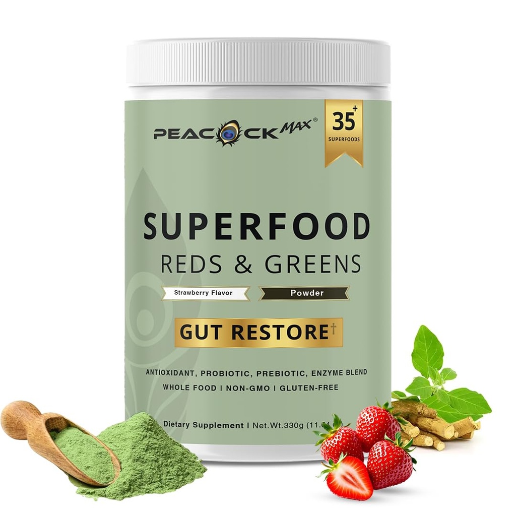 Superfood Red & Green Powder - 11.64 oz, Prebiotika & Probiotika pro stravovací zdraví, Super Green Powder s Ashwagandha pro Gut zdraví, imunita, antioxidanty, Vegan, Non- GMO