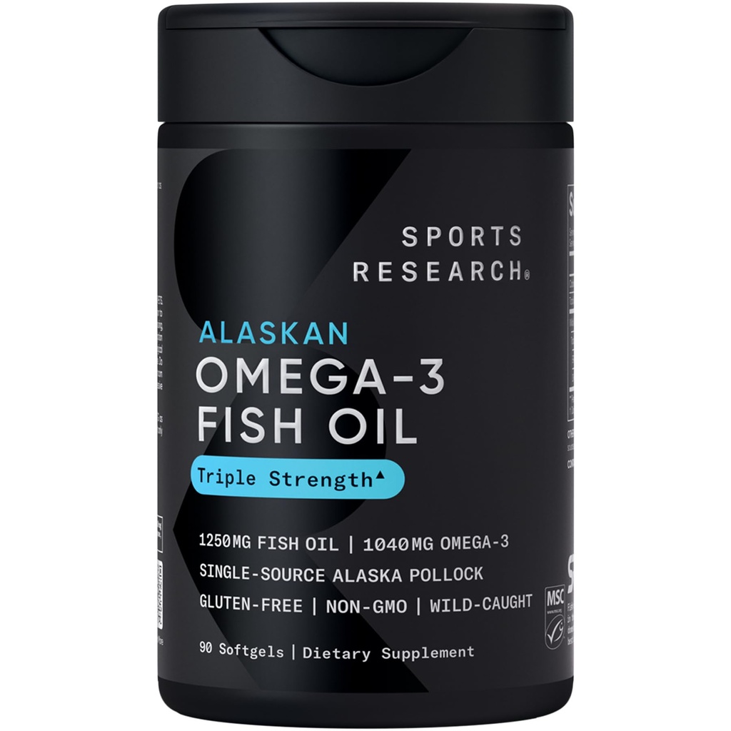Sports Research Triple Strength Omega 3 Fish Oil - Neškodlivý doplněk rybího oleje w / EPA & DHA Fatty Acids from Single-Source Wild Aljaška Pollock - 1250 mg, 90 ct