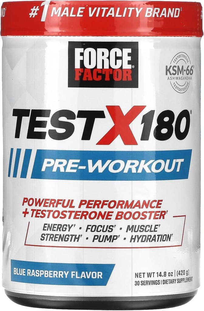 FORCE FACTOR Test X180 Předcvičení Powder & Energy Appendix, Focus & Endurance, Build Muscle & Strength, Oxid dusnatý dodatek s Ashwagandaha & L-Citrulline, Blue Raspberry, 30 Servings