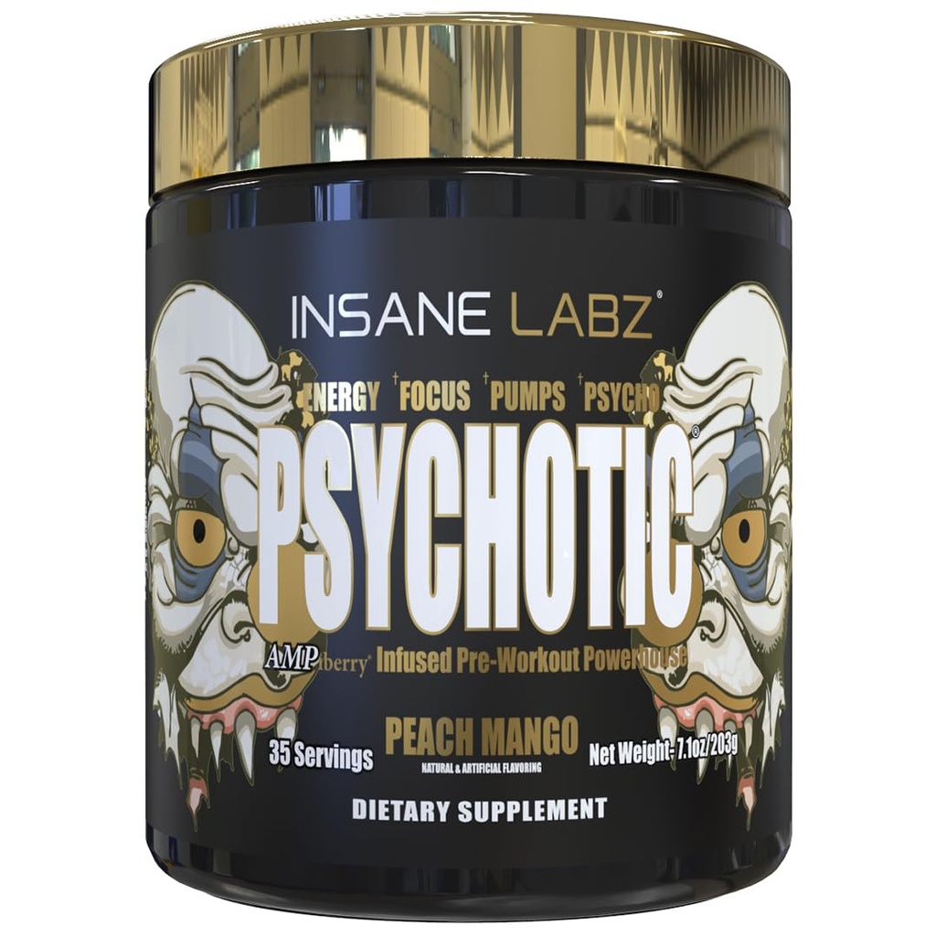 Šílený Labz Psychotické zlato, High Stimulant Pre Workout Powder, Extreme Lasting Energy, Čerpadla a vytrvalost s Beta Alanin, DMAE Bitartate, NO Booster (35 Služení, Peach Mango)