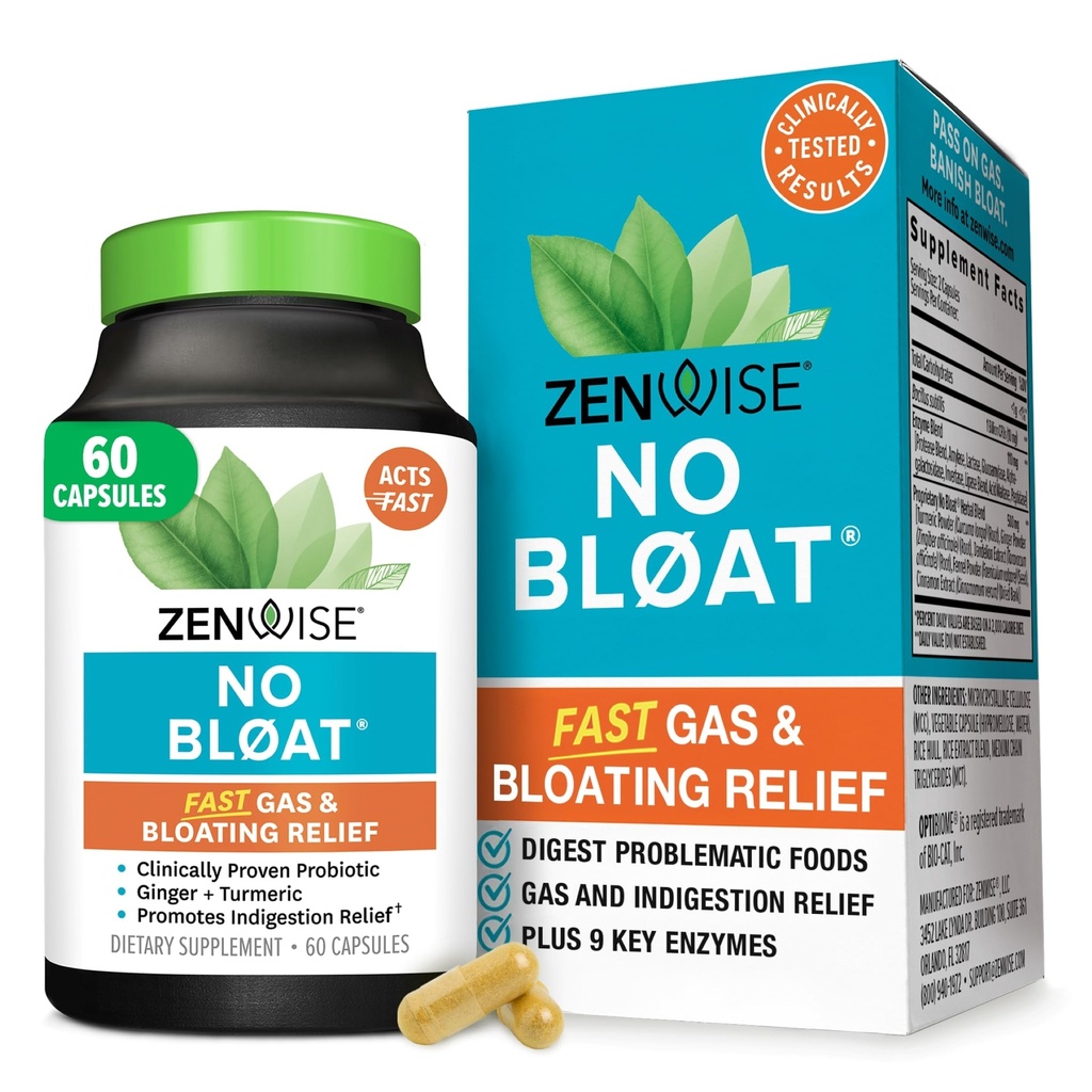 Zenwise Health No Bloat Digestive Enzymes for Gut Health, Gas & Bloating Relief - Multi Enzymes Digestion Dodatek s probiotika, Zázvor, Turmeric Dandelion & Lactase - Muži & Ženy - 60 Počet