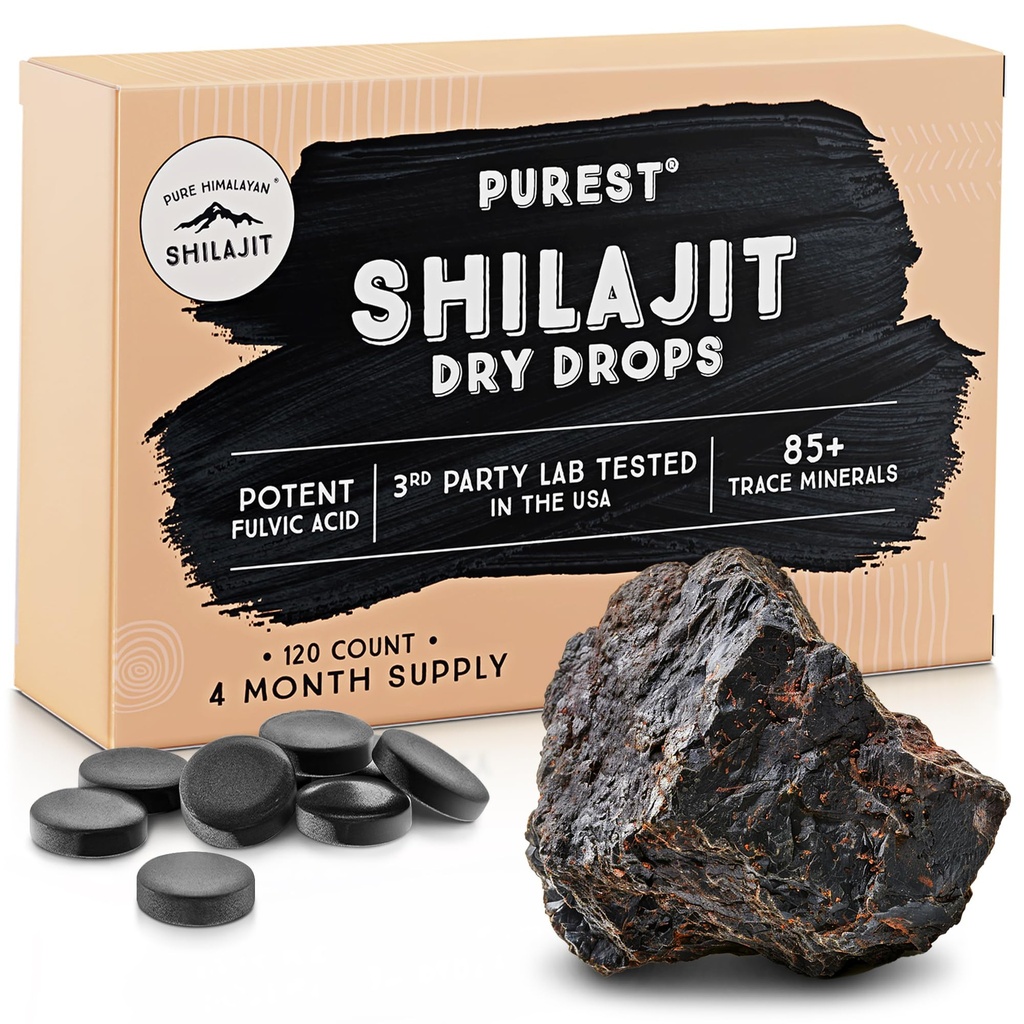 Čisté Himalayan Shilajit suché kapky, 100% čisté přírodní shilajit, stupeň A, Max Potency 85 + čisté stopové minerály a Fulvic kyselina pro energii, metabolismus a imunitní podpora doplněk pro muže a ženy (120 karet)
