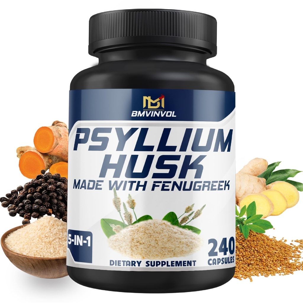 BMVINVOL Psylium Husk Kapsle Fiber dodatek s Fenugreek, Kurkuma, Zázvor, Black Pepper - Podpora trávicího systému, střevní zdraví - 240 Počet na 4 měsíce
