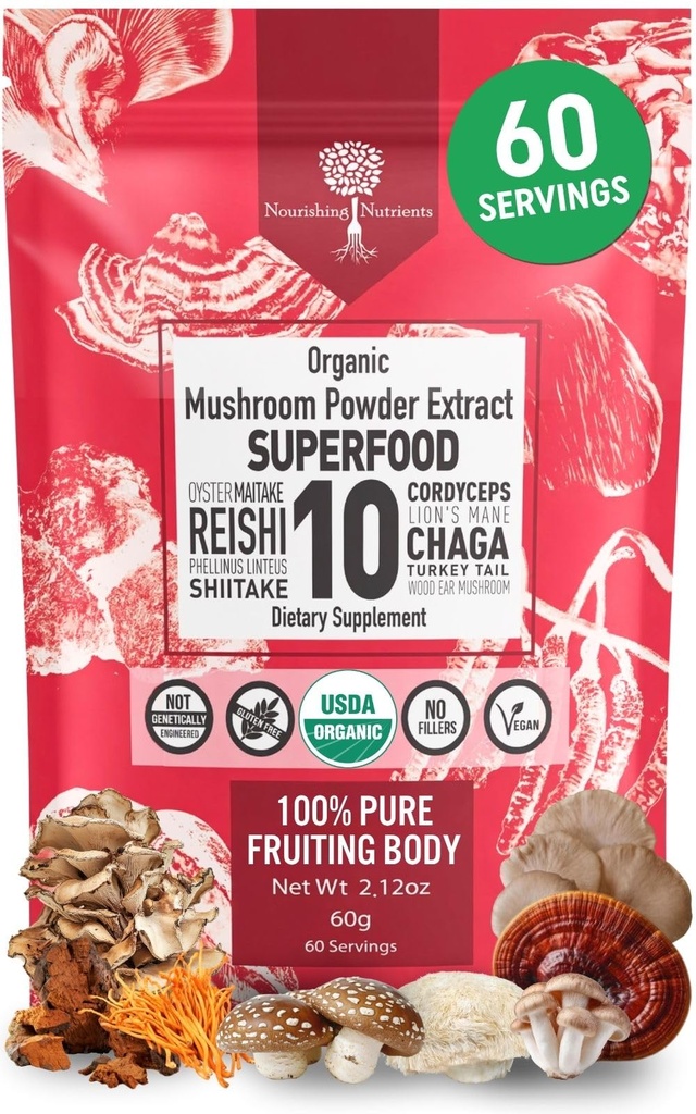 Organic Houby Powder Extract - Superfood 10 dodatek 14x Silnější 100% čisté USDA imunitní Booster- Reishi, Chaga, Cordyceps, Shiitake, Lions Mane, Turecko Ocas a další. Přidat do kávy / čaj 60 Grams