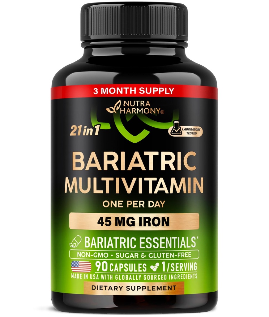 Bariatrický multivitamin - 45 mg železné doplňky - Vyrobeno v USA - pro ženy a muže - All- in- One, 21 esenciální vitaminy - Gastric Sleeve Support - Bez cukru, gluten & Soy - 90 Kapsle, jednou denně