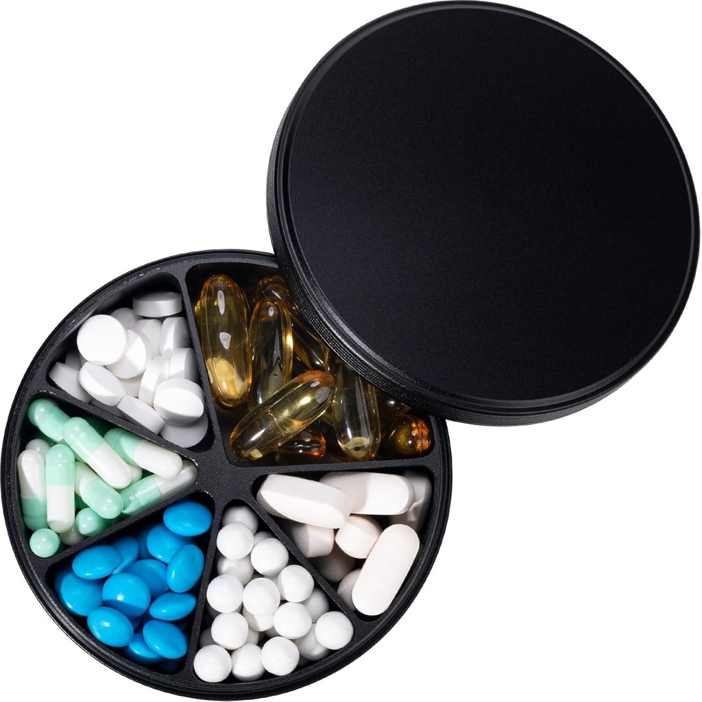 Pořadatel pilulek s 6 Compartments - Heavy Duty Metal Daily Pill Case, Velký Držák na plotýnky, Vodotěsný medikace Disponition Pill Box pro vitamin Supplement Medicine Fish Oils, 0.38lb, Black