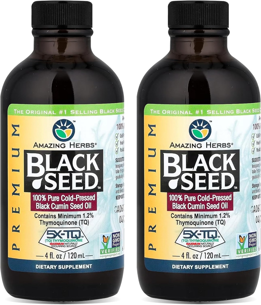 Amazing Herbs Premium Black Seed Oil - Gluten Free, Non GMO, Cold Pressed Nigella Sativa AIDS in Digestive Health, Imunitní podpora, Mozková funkce, Společná mobilita - 4 Fl Oz (balení po 2)