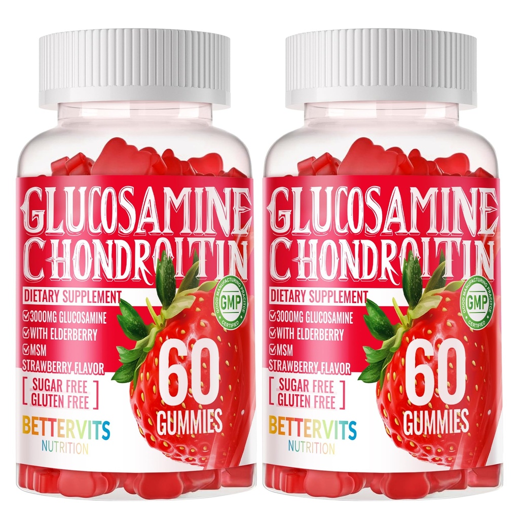 Glucosamine Chondroitin Gummies s MSM & Elderberry Extra Strength - Společná podpora, Antioxidační Imunitní Supplement pro dospělé, muže a ženy. 120 Jahodové žvýkačky