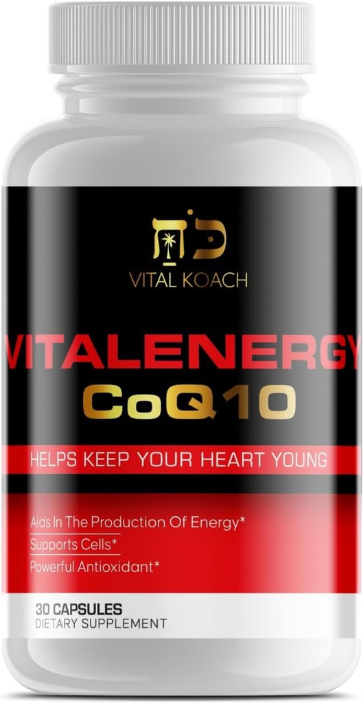 Vitalenergy CoQ10 Ubichinon 200mg, 30 Kapsle, Podporuje kardiovaskulární zdraví, Cellular Energy Production, a antioxidant, bílá / červená / černá