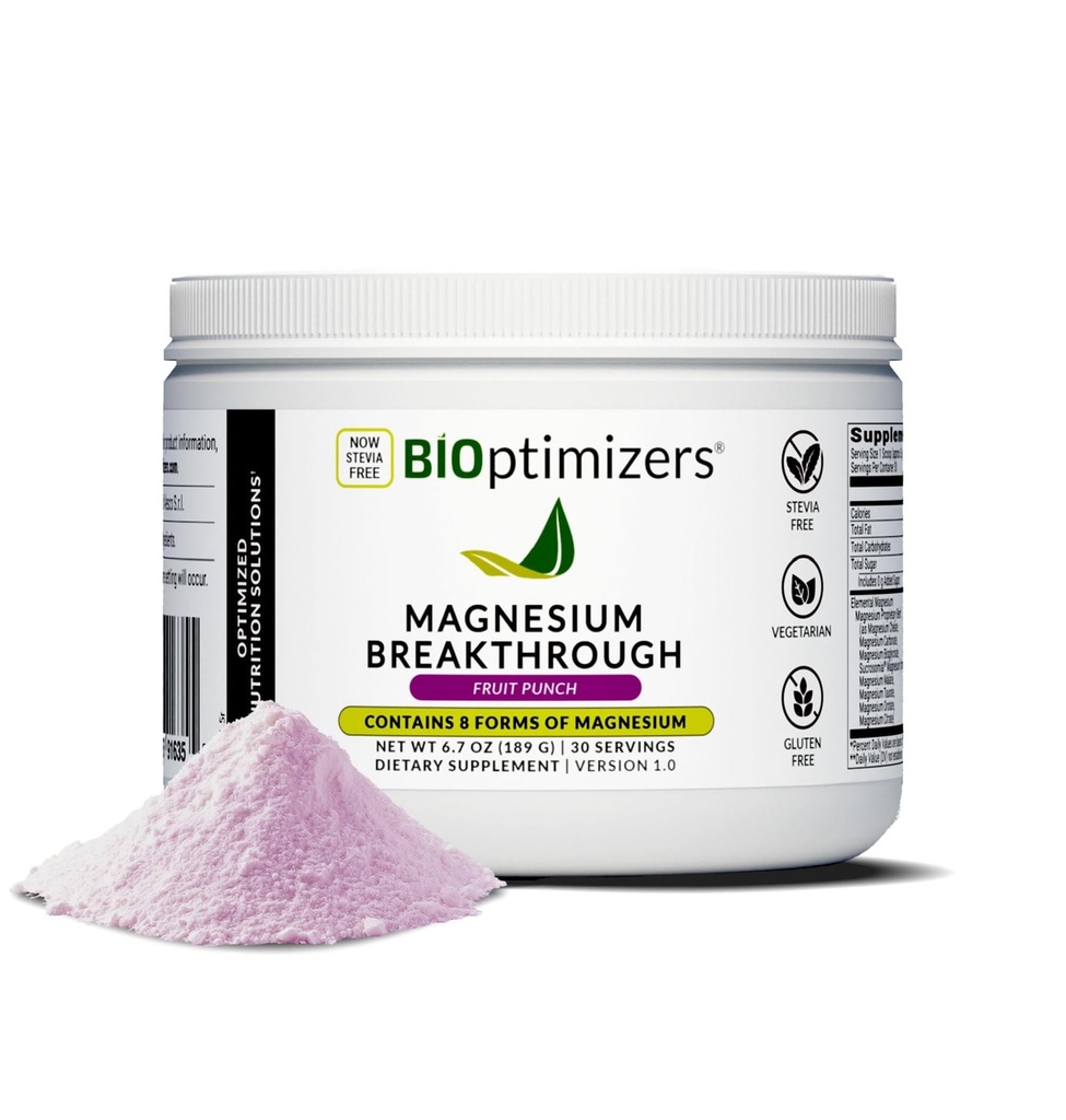 BiOptimátory Magnesium Breakthrough Drink - 8 Formy hořčíku, Elektrolyty, Spánkové zdraví, Stres, Muscle Recovery, Podpora srdce 124; Glycinát, Citrát, Malát - Ovocný punč