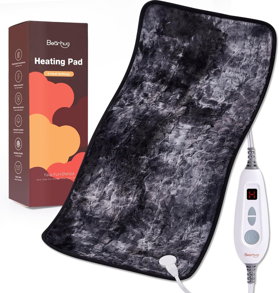 Medvěd XXL Elektrický vyhřívaný Pad 17 "x33" Double-Sided Faux Fur Topný Pad, 6 Teplo úrovně, 2-Hodinové Auto- Off, Moist & Dry Teplo terapie pro bolest zad, Machine Wassible, ETL Certified - Gift Box