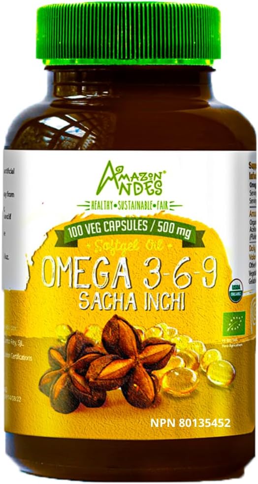 Andes Sacha Inchi Oil Kapsle - Zdroj omegas 3, 6 a 9 - Zdravější zdroj esenciálních mastných kyselin - Vegan, Non- GMO, Allergen- free & gluten zdarma - 100 Softgel pilulky (500 mg) - Made in Peru