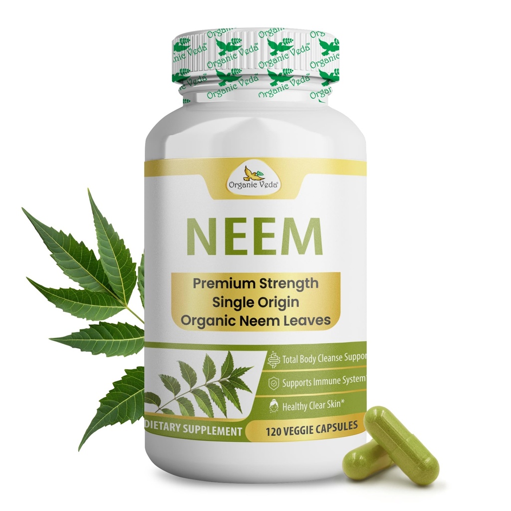 Organic Veda Neem Kapsle, 1000mg - Organic Bylinný dodatek Vyrobeno s Ayurvedic Indie Neem Leaf Powder - Podporuje Radiant Skin, imunitní, Detox, Zdravá zánětlivá odpověď - 120 Veggie Kapsle