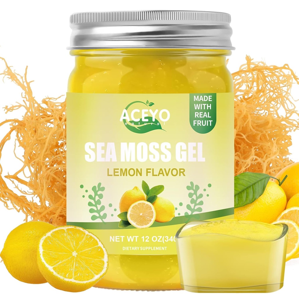 ACEYO (12 OZ) Irish Sea Moss Gel Organic Raw Vegan Lemon Flavor 102 Vitamíny a minerály Wild Sklizeň Non-GMO Imunitate Defense Booster štítné žlázy Digestivní podpora