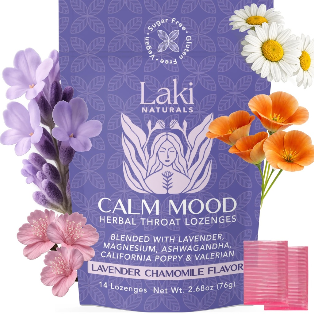 Laki Naturals Lavender Hemomile Calm Mood Functional Herbal Lozenges (14ct) Throat & Calming Hard Candies with Magnesium, Ashwagandha, California Poppy & Valerian. Vegan, cukr zdarma, gluten zdarma