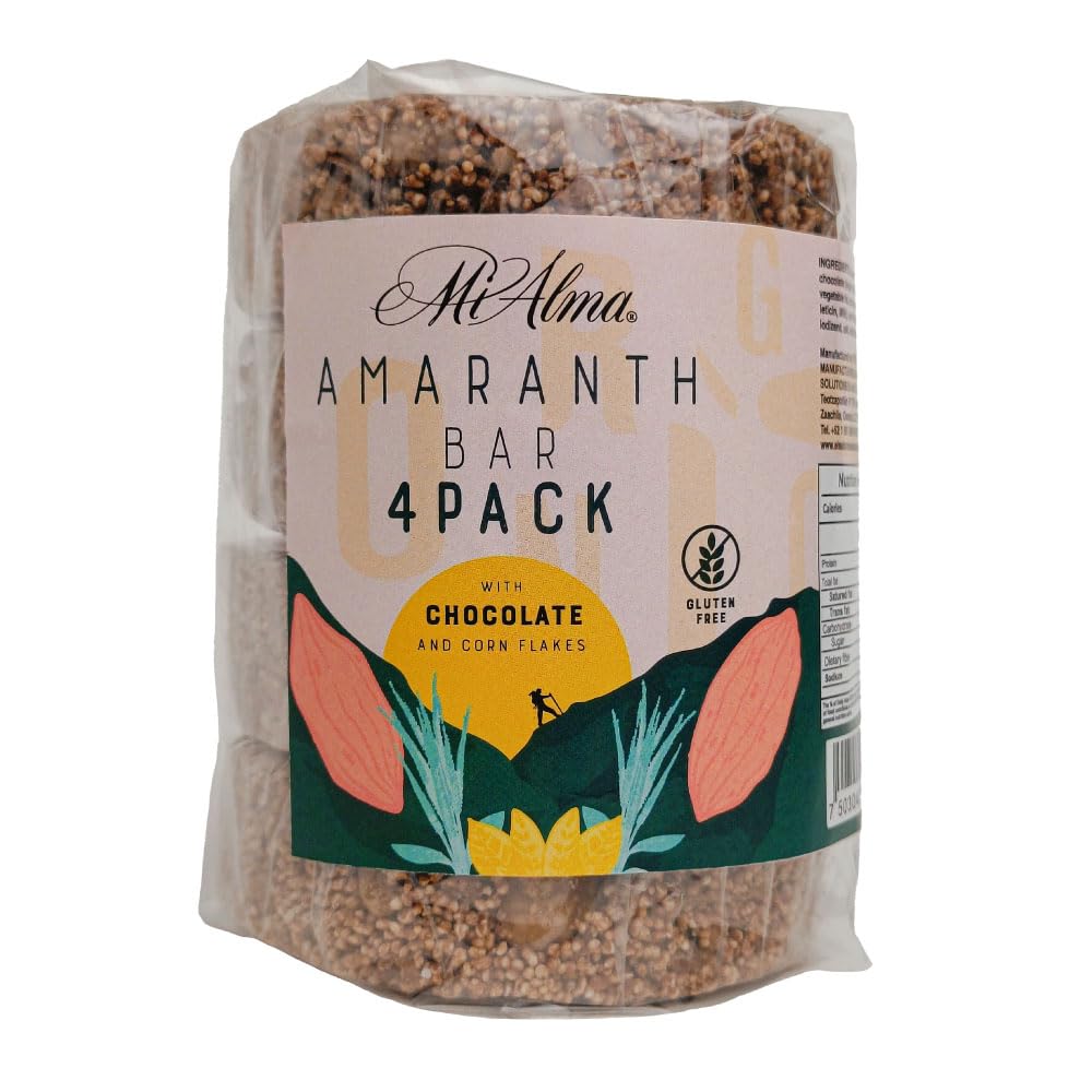 Mi Alma, 4 BAR PACK Amaranth Bar s čokoládou a kukuřičné vločky PREMIUM, Barra de Amaranto con Chocolate, Super Food, Gluten Free, Zdravý Snack, 8.4 oz