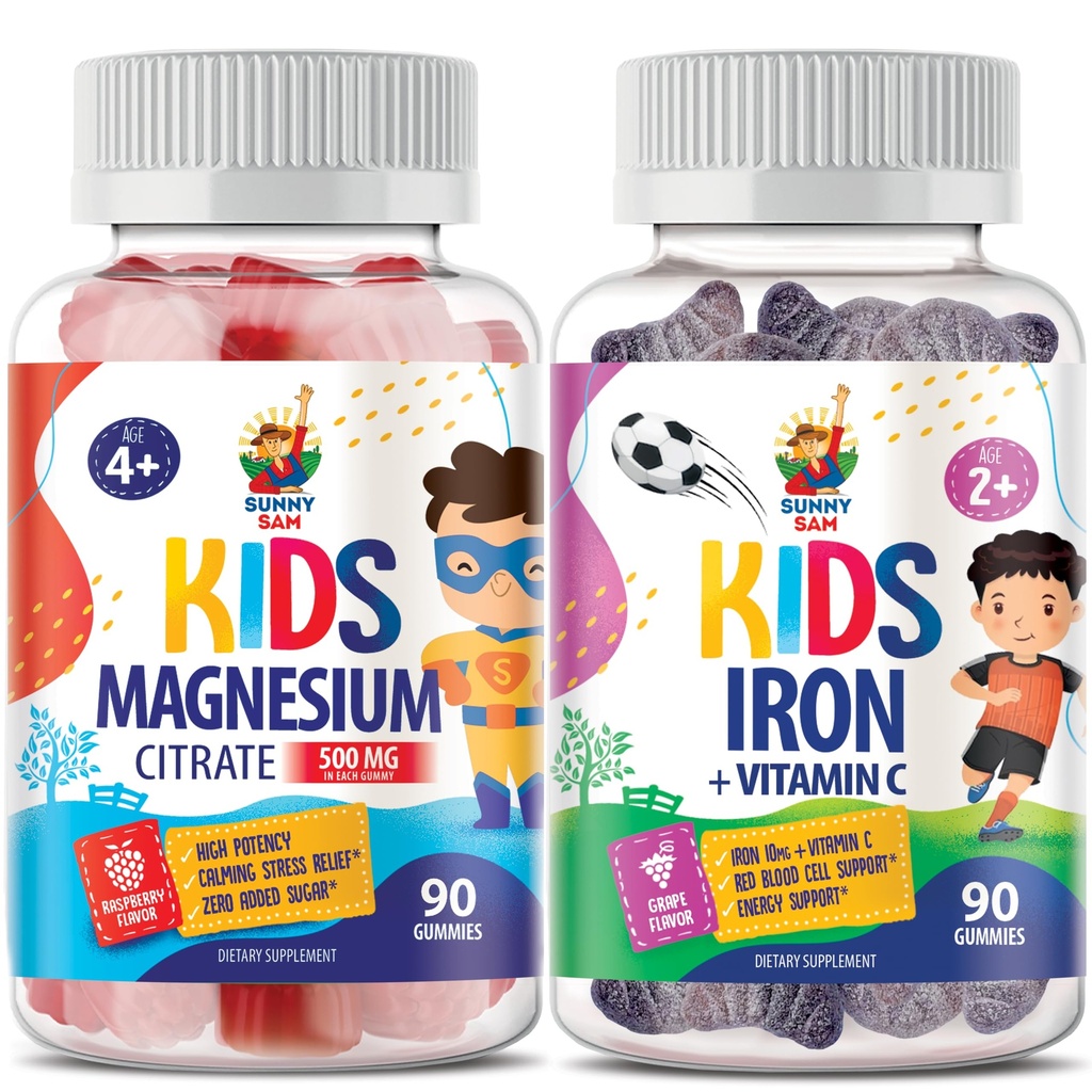 SUNNY SAM Železné gumy pro děti a hořčíkové gumy pro děti a dospělé - 500 mg - klidové žvýkačky hořčíku - Magnesium Citrát Žvýkací doplněk pro nádech a svalovou podporu