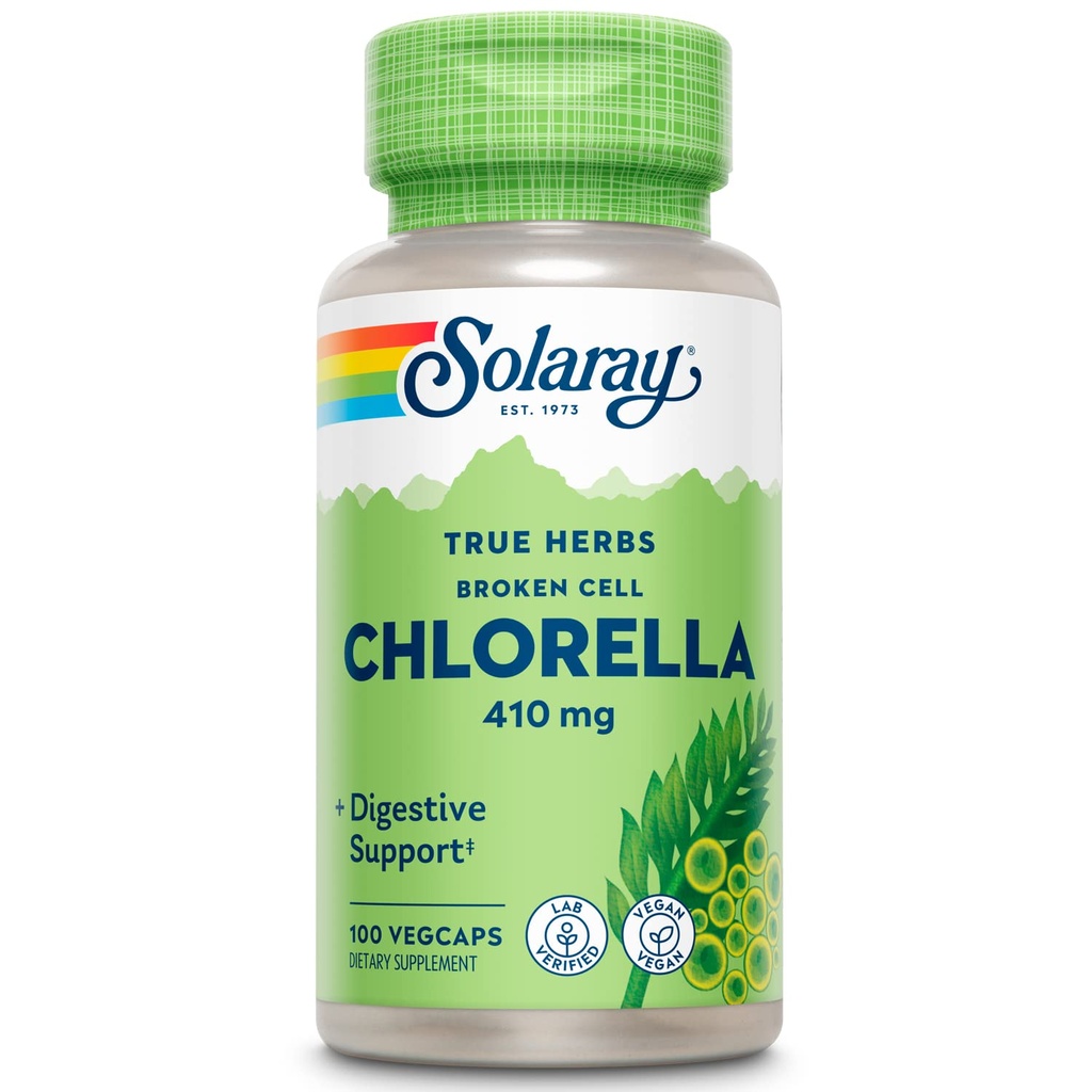 SOLARAY Broken Cell Chlorella 410 mg CON124; Nutrient- Rich Superfood w / Přirozeně Occurring Protein, Vitamíny, Minerály, Chlorofyl CU124; Non- GMO CUC124; 100 VegCaps