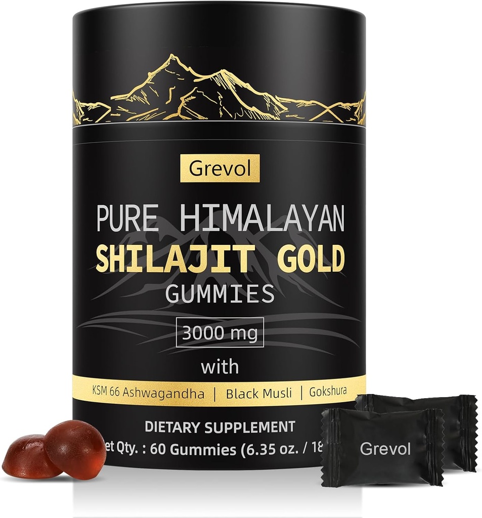 Himalayan Shilajit Gummies: Gold Grade Shilajit Riched with Ashwagandha Fulvic Acid & 85 + Trace Minerals - No Add Sugar - Individuálně zabalený - pro muže a ženy - 60 Gummy
