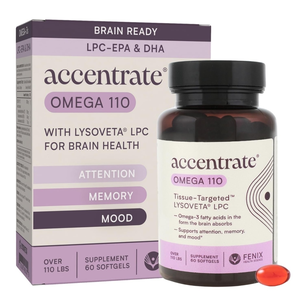 Omega 110 w / LYSOVETA LPC 124; EPA & DHA doplňky pro Brain & Retina Health CLAS124; Focus, Attention, Paměť, Mood & Vision CLAS124; 6X Higher Absorption Than Fish Oil CLAS124; High potency Omega-3 LPC-DHA