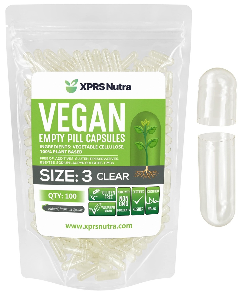 XPRS Nutra Velikost 3 Prázdné kapsle - 100 Počet čiré prázdné veganské kapsle - Vegetariánské pilulky - DIY Zeleninové kapsle Plnicí - Veggie Pill Caps