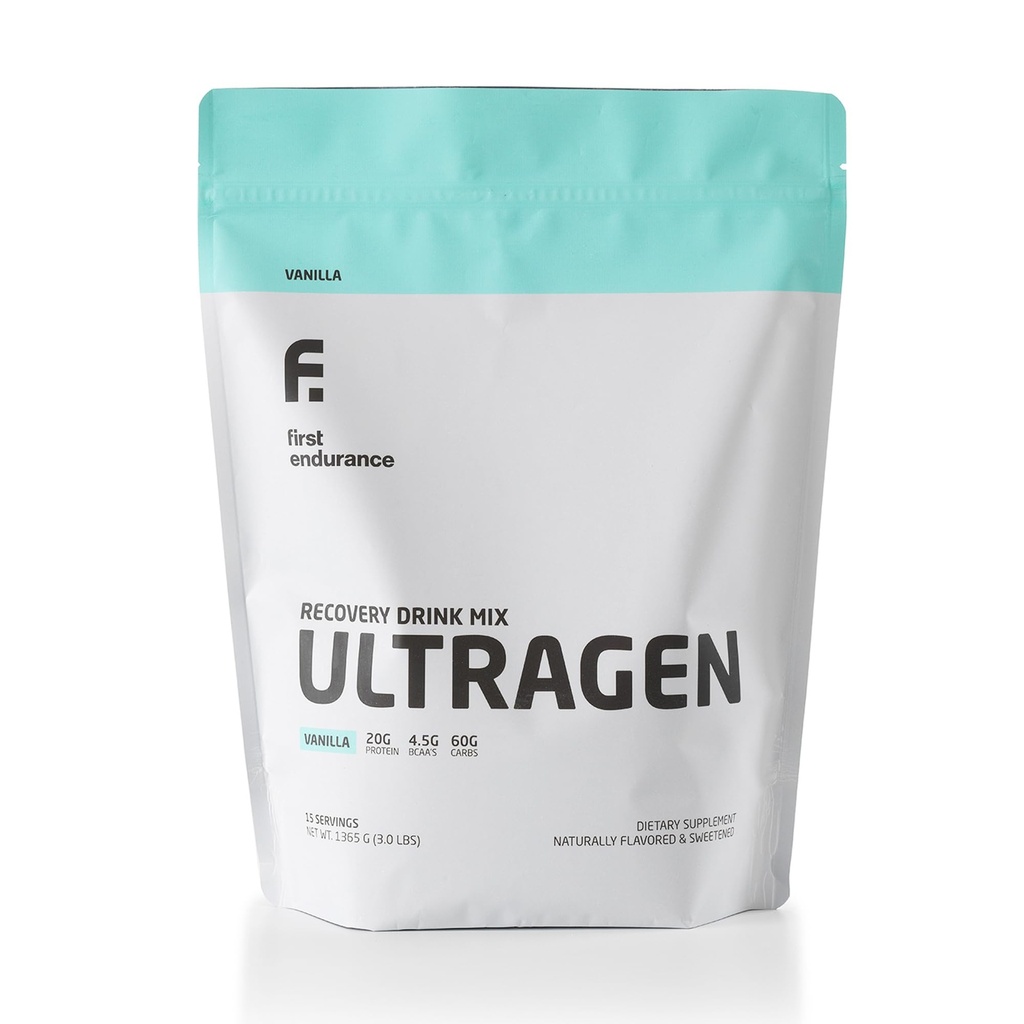 PRVNÍ ENDURANCE Ultragen Cvičení Recovery Drink Powder, Protein Mix, Zrychluje energii, Zrychluje zotavení 124; Vanilla, 15 Služeb