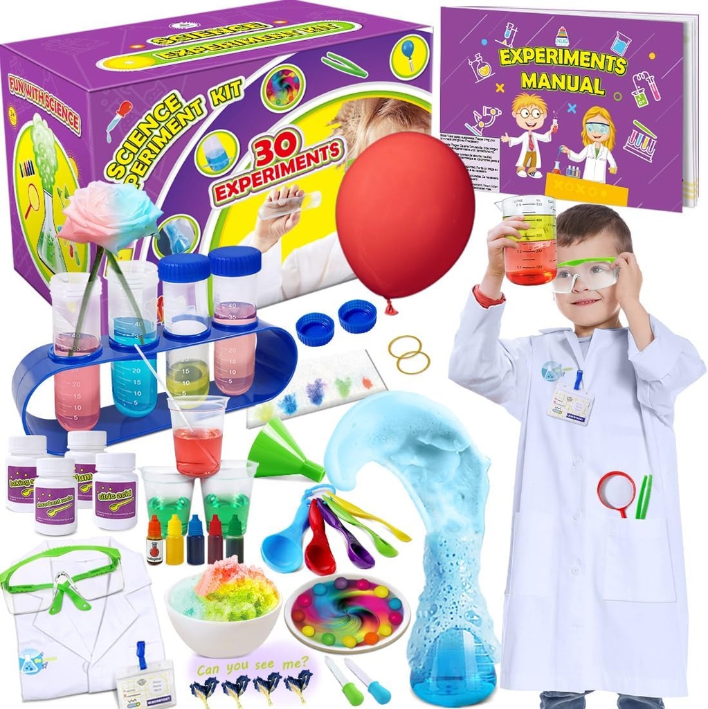 UNGLINGA 30 Experiments Science Kit for Kids with Lab Coat, Chemistry Set STEM Toys Birthday Gifts for Boys Girls, Scientist Coaster Role Play Tools Vzdělávací sada