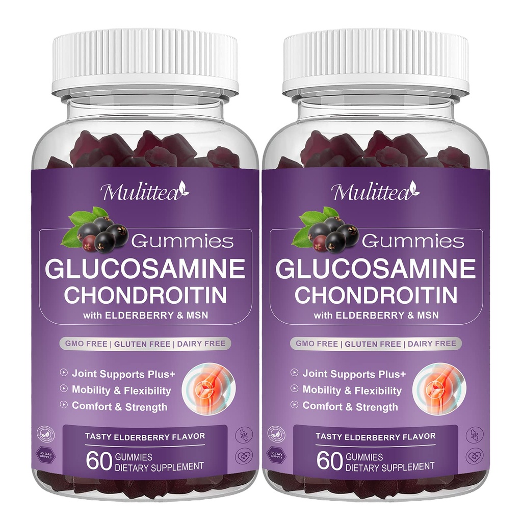 Mulittea Glucosamine Chondroitin Gummies - Extra Strength Joint Support Supplementary with MSM & Elderberry for Natural Joint, Antioxidační imunitní podpora pro dospělé, Muži & Ženy - (2 Pack)