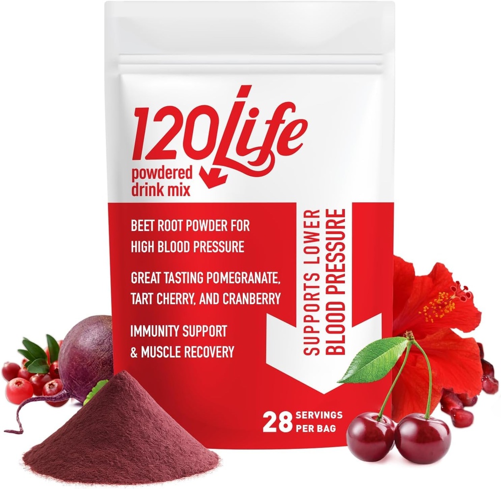 120LIFE krevní tlak podpora, přírodní řepa kořenový prášek Mix s granátovým práškem, Cranberry dodatek, Tart Cherry, Hibiscus, a hořčík (28 Služeb) - gluten- Free, Vegan
