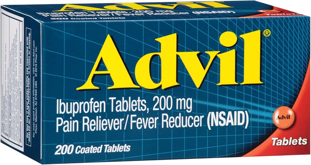 Advil Pain Reliever and Fever Reducer, Pain Relief Medicine with Ibuprofen 200mg for Head, Backhead, Menstrual Pain and Joint Pain Relief - 200 Coated Tablety