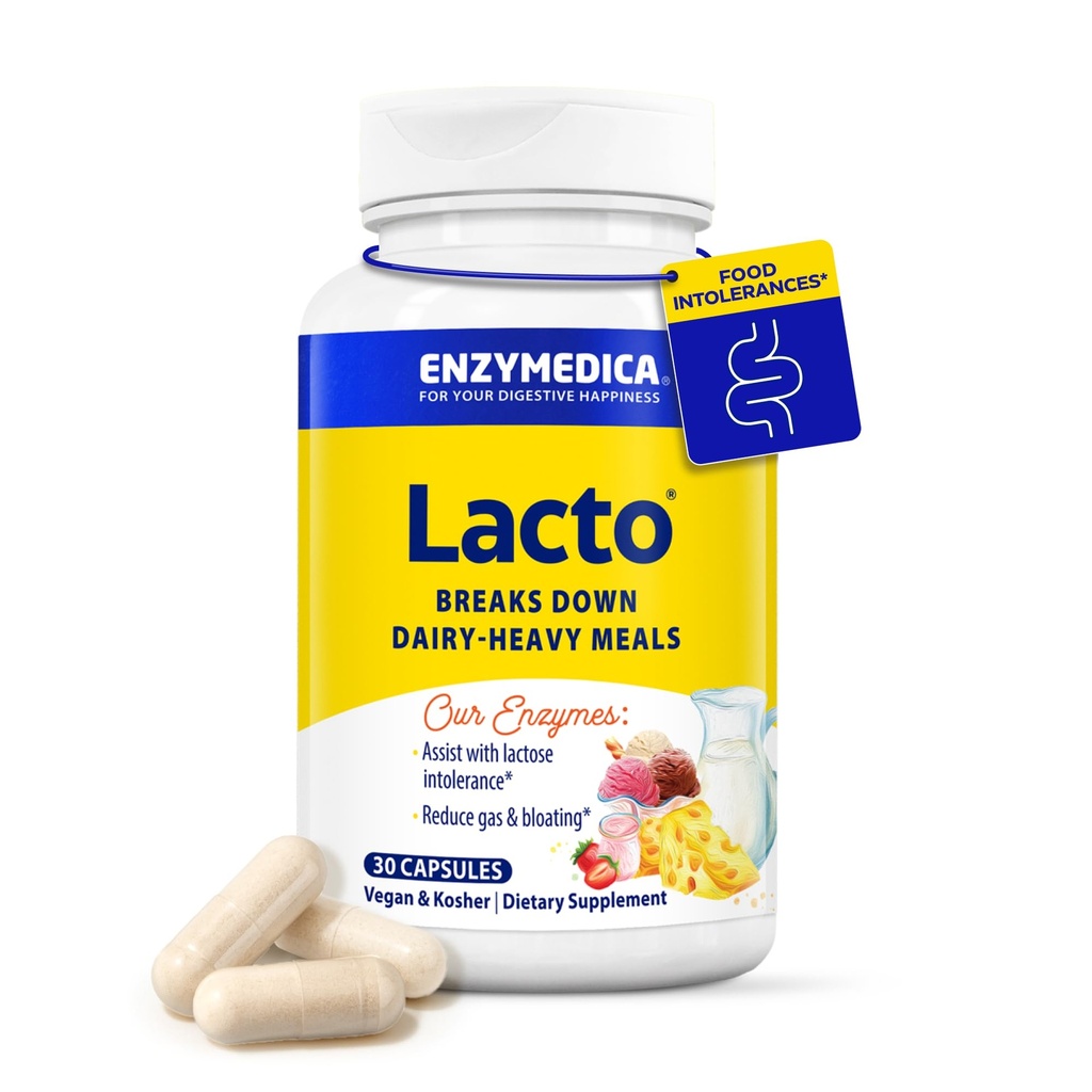 Enzymedica Lacto, Advanced Lactase Pills for Dairy Support, Helps Break Down Laktosa, Casein & Fat, Dairy Relief Pills, Vegan, 30 Kapsle