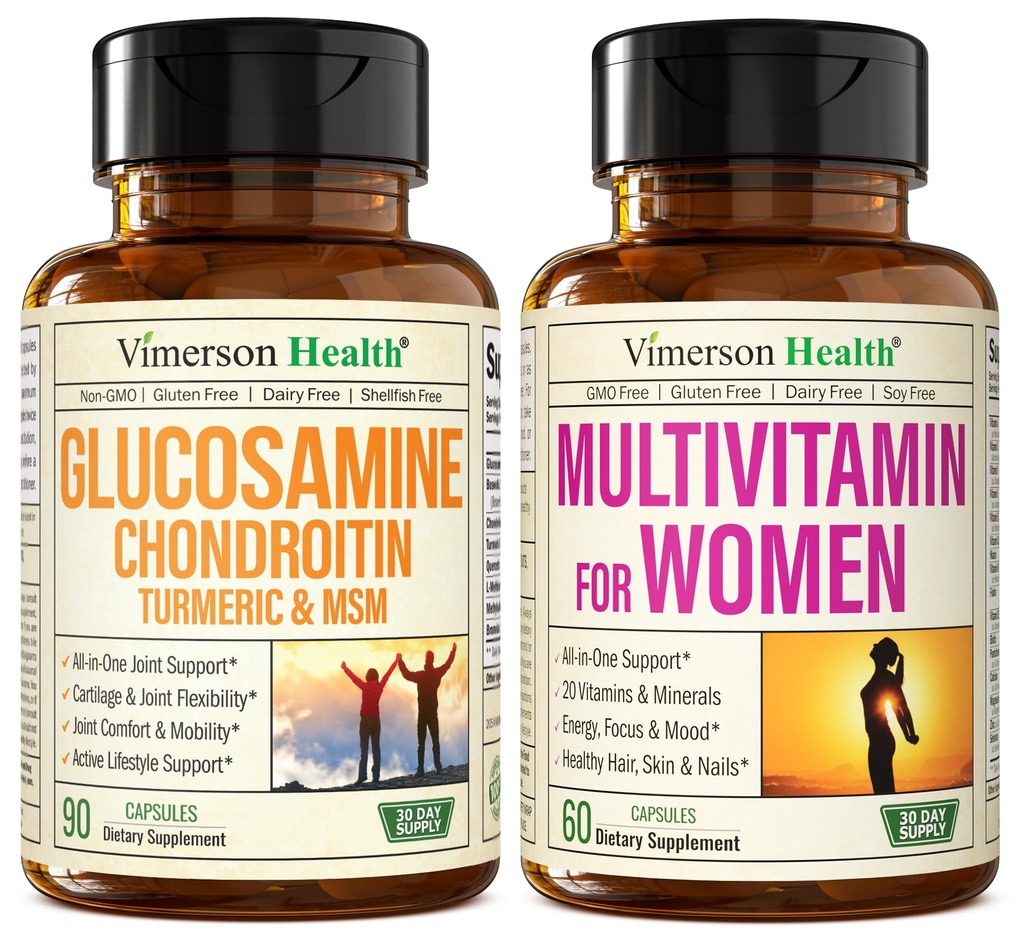 Glucosamine Chondroitin Turmeric + Multivitamin pro ženy 2-láhev doplněk Bundle pro ni. Zdravá imunitní reakce, Společná podpora, Antioxidant Vlastnosti