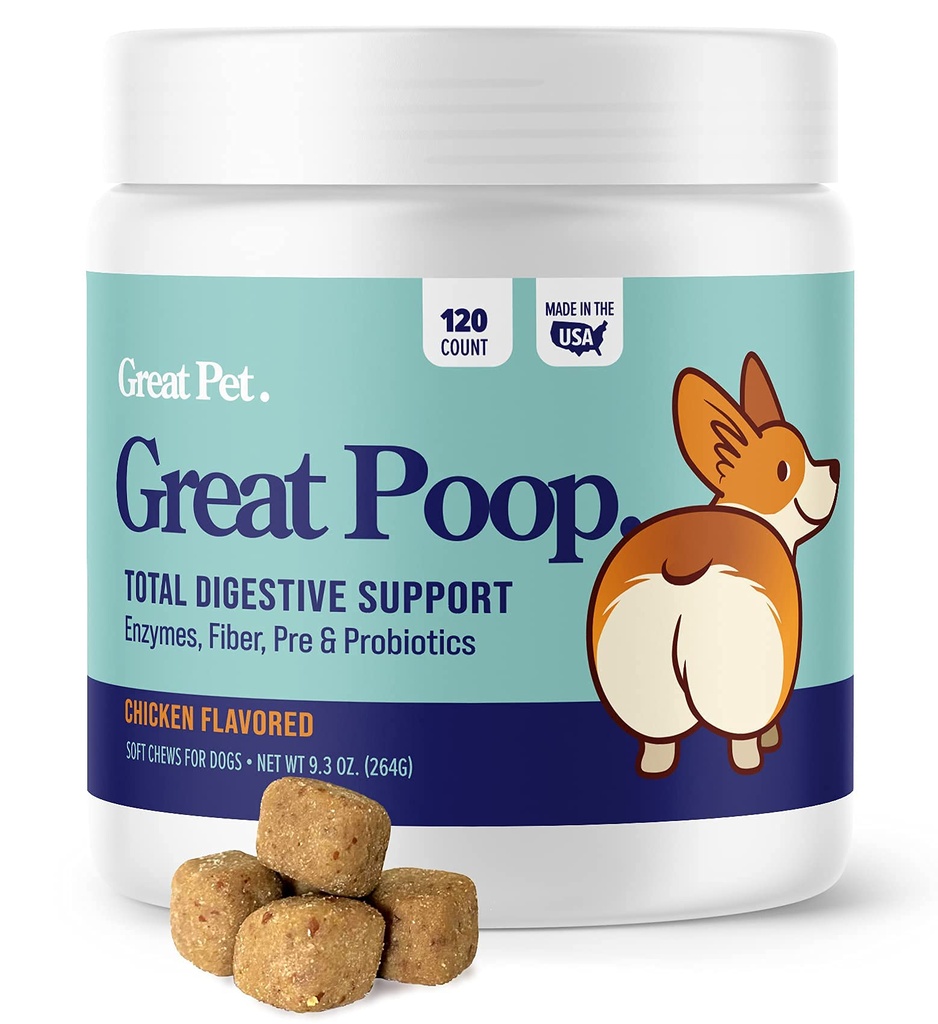 Great Poop Probiotika pro psy - Vláknina pro psy doplněk s Psí Probiotika a trávicí enzymy pro zdravé Gut, Firm Stool & Diarrhea Relief - Kuřecí ochucené Pet měkké Chews s prebiotiky