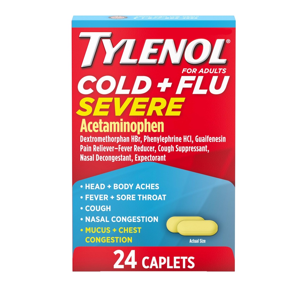 Tylenol Cold + Flu těžké léky Kaplety pro horečku, bolest, kašel a zácpa, 24 ct.